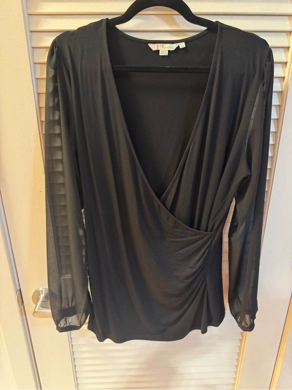 Boden Black Wrap-Style Long Sheer Sleeve Blouse